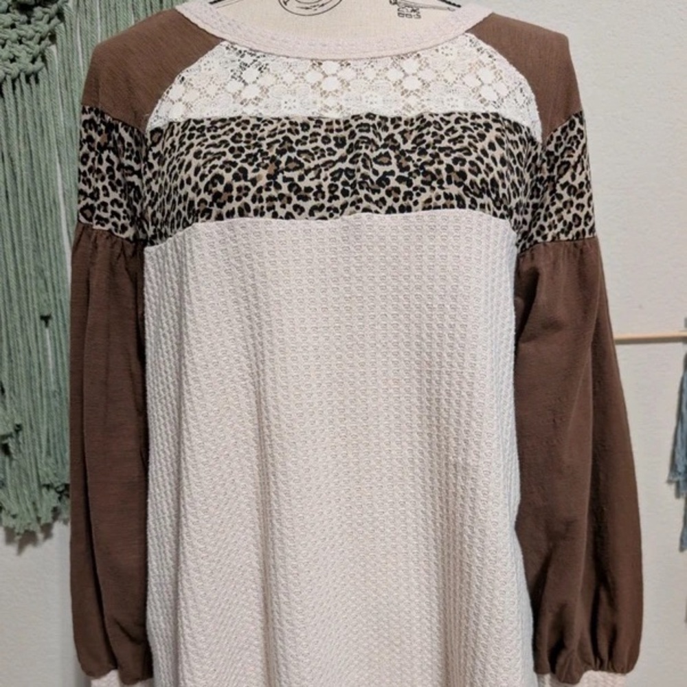 Leopard-Trim Cream and Brown Women’s Knit Dress